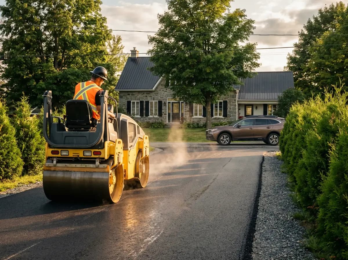 Rouleau compresseur Pavage Préfontaine finalisant une surface d'asphalte fraîche